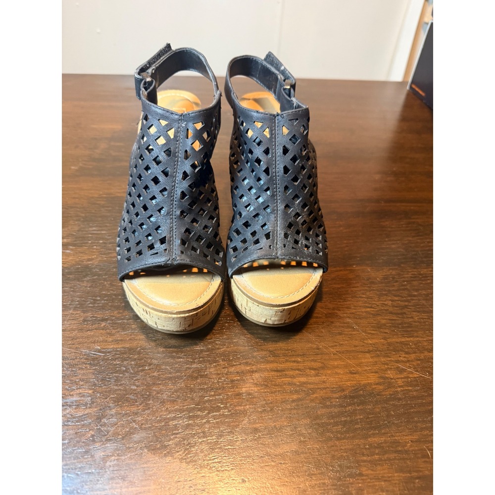 Franco Sarto Casanova Black Laser Cut Cork Wedge Platform Sandals Womens 6